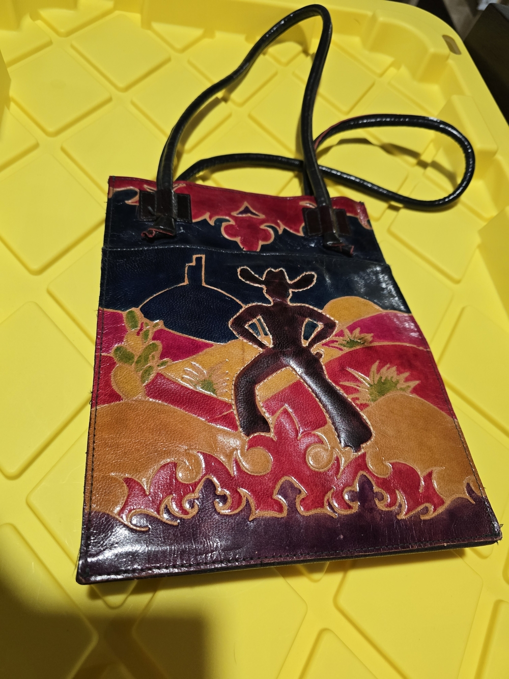 Handcrafted Multicolor Leather Tote with Western Silhouette Cowboy Desert Cactus